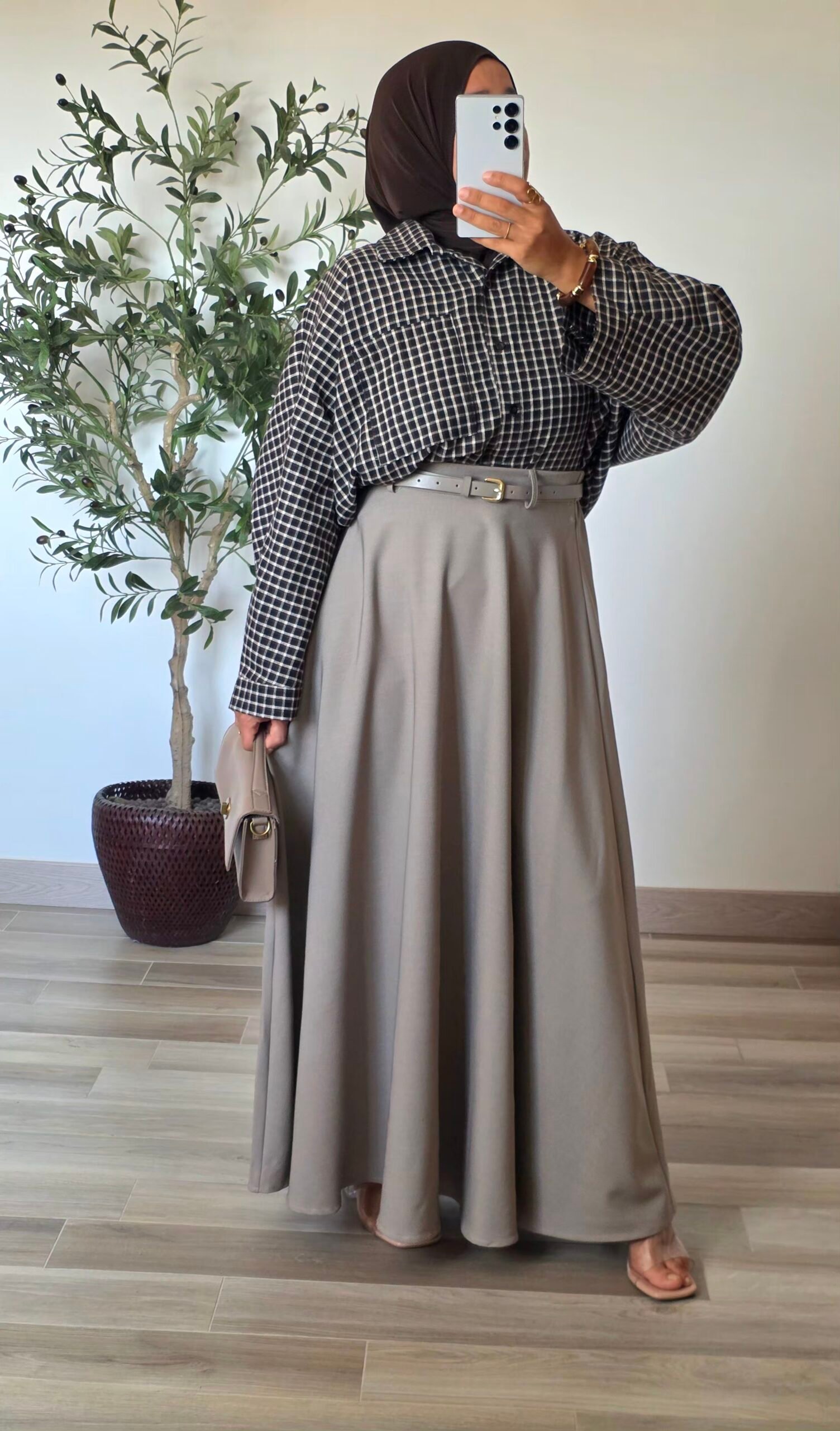 Jupe longue évasée avec ceinture Taupe – SO ELEGANCE