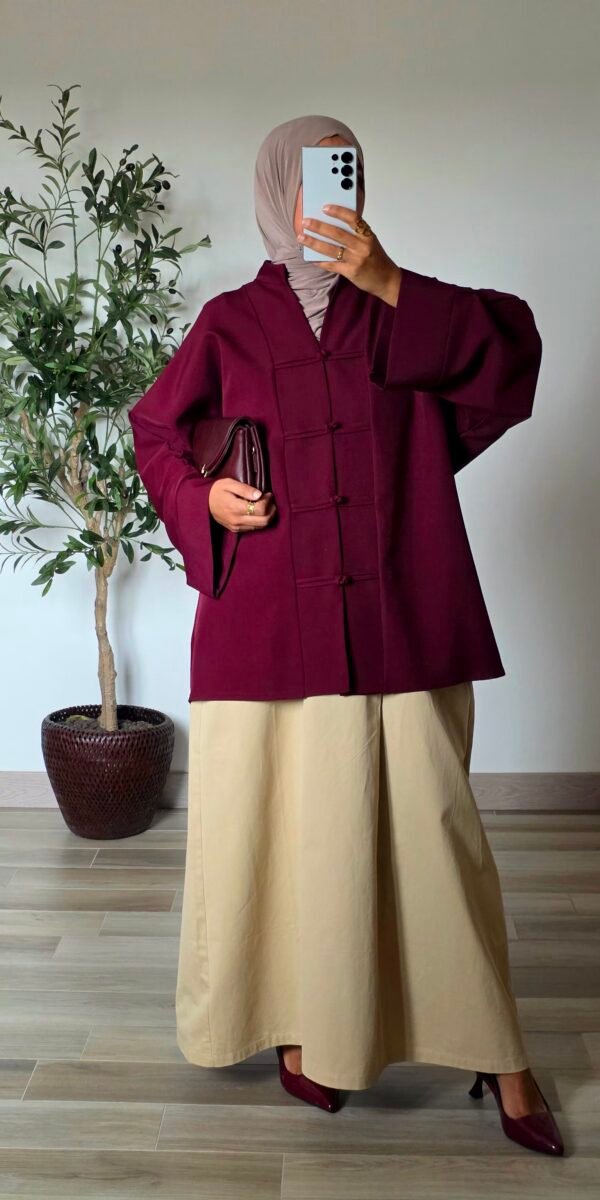 Tunique oversize bordeaux femme à nœuds chinois, coupe ample et manches longues