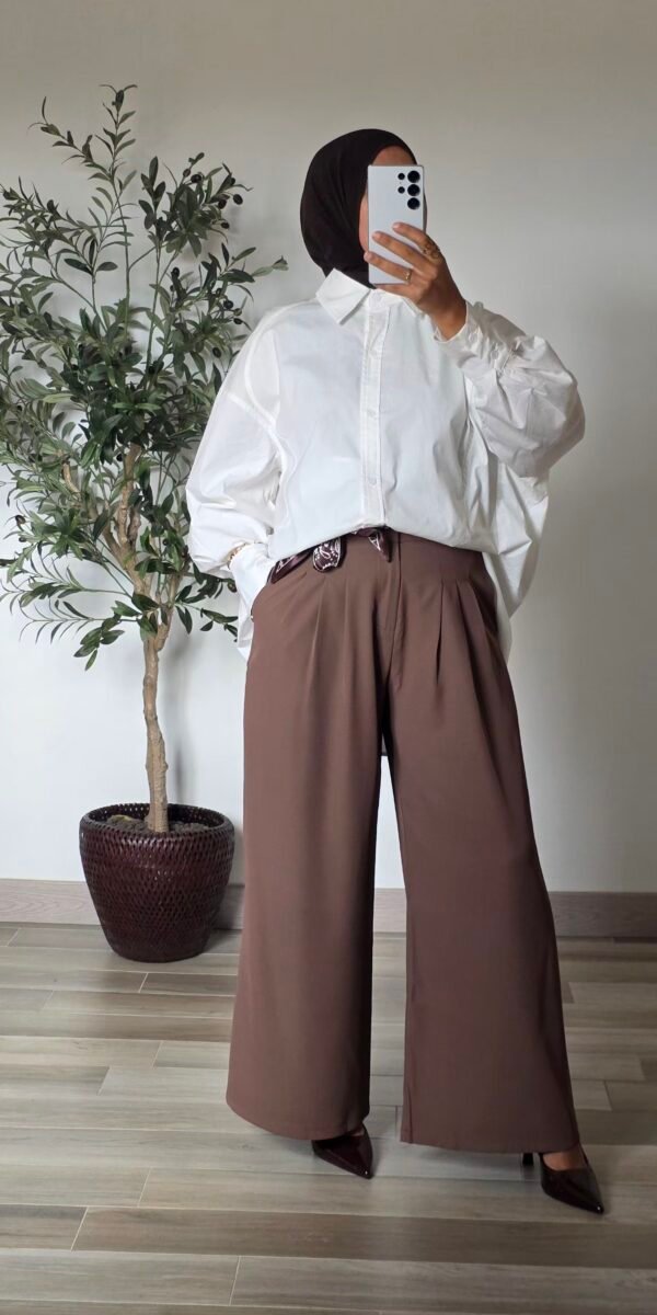 Pantalon large à pinces marron taupe avec ceinture – SO ELEGANCE