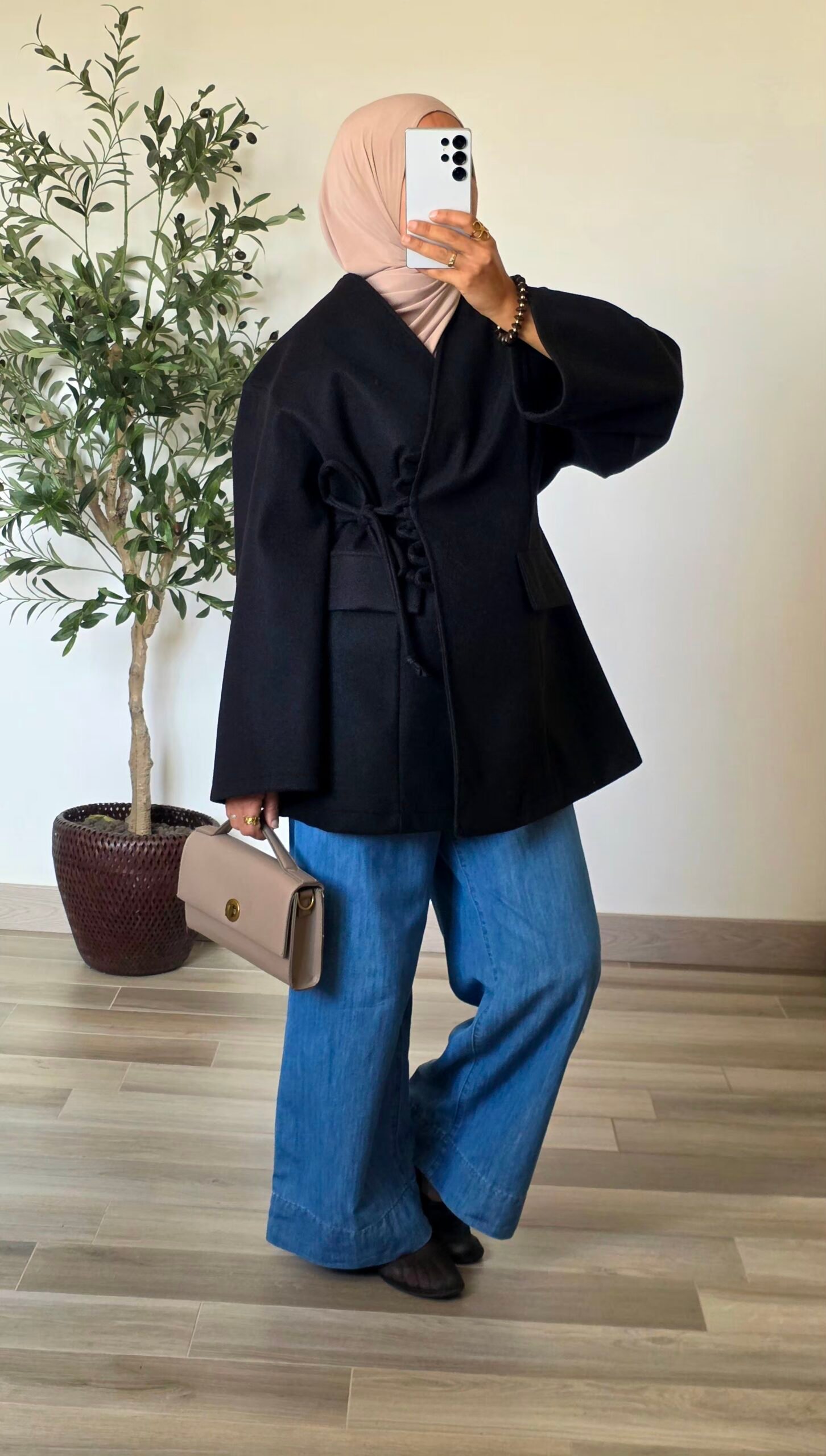 Veste manteau effet laine à nouer – noire – Image 2