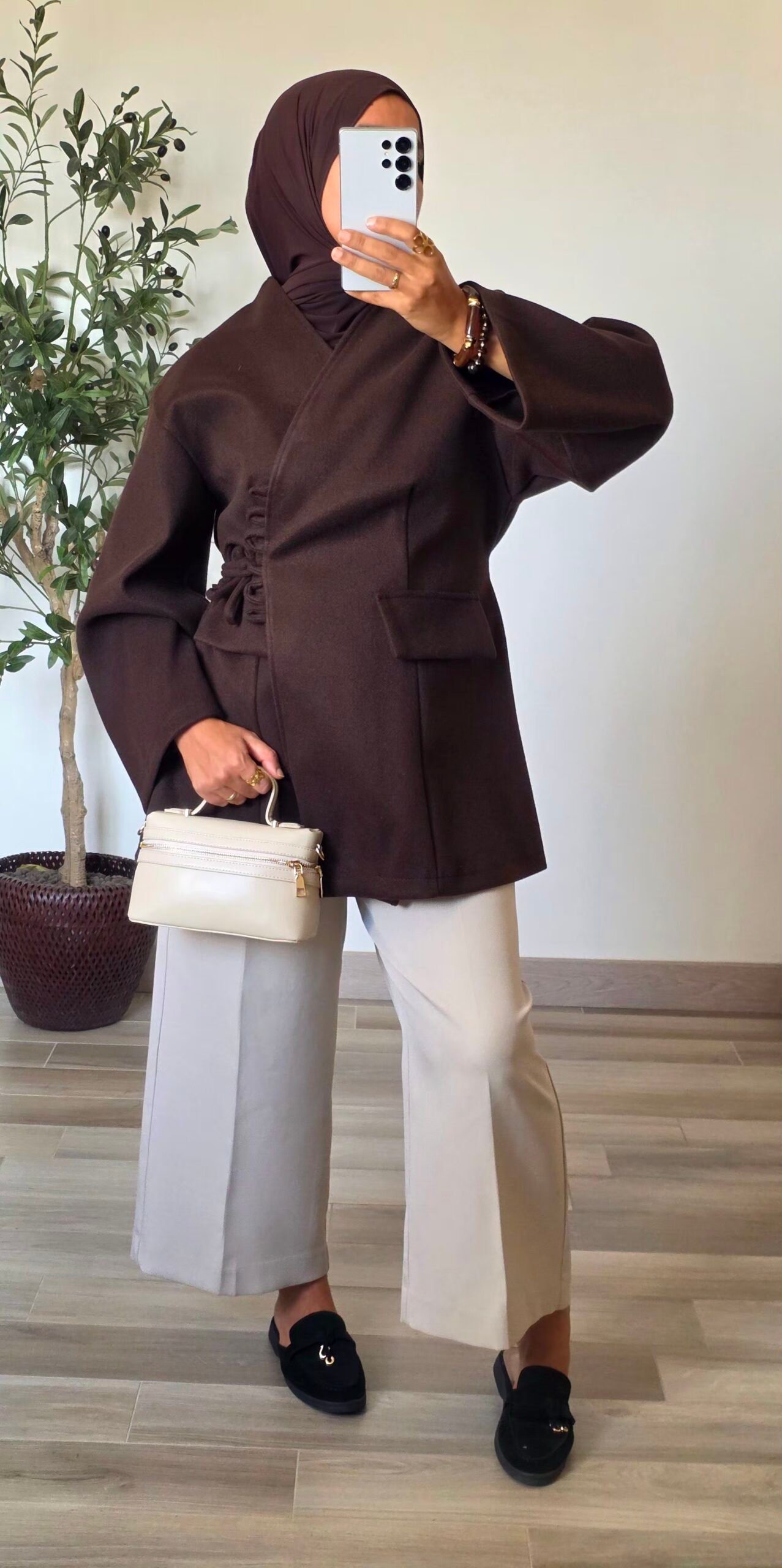 Veste manteau effet laine à nouer marron – Image 2